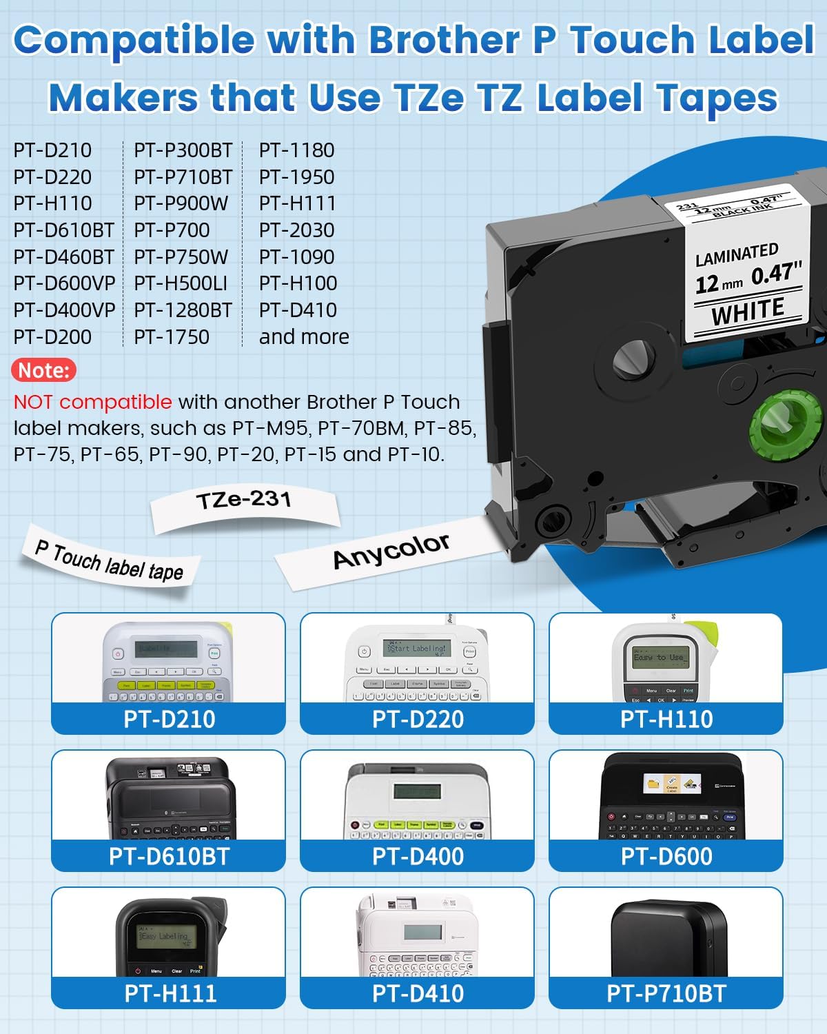 Anycolor Replace for Brother Label Maker Tape TZe TZ Tape 12mm 0.47 Laminated Color P Touch Label Tape for Brother PT-D210 PT-H110 PT-D220 PT-D610BT PT-D600, White/Orange/Red/Blue/Yellow/Green, 6-Pack