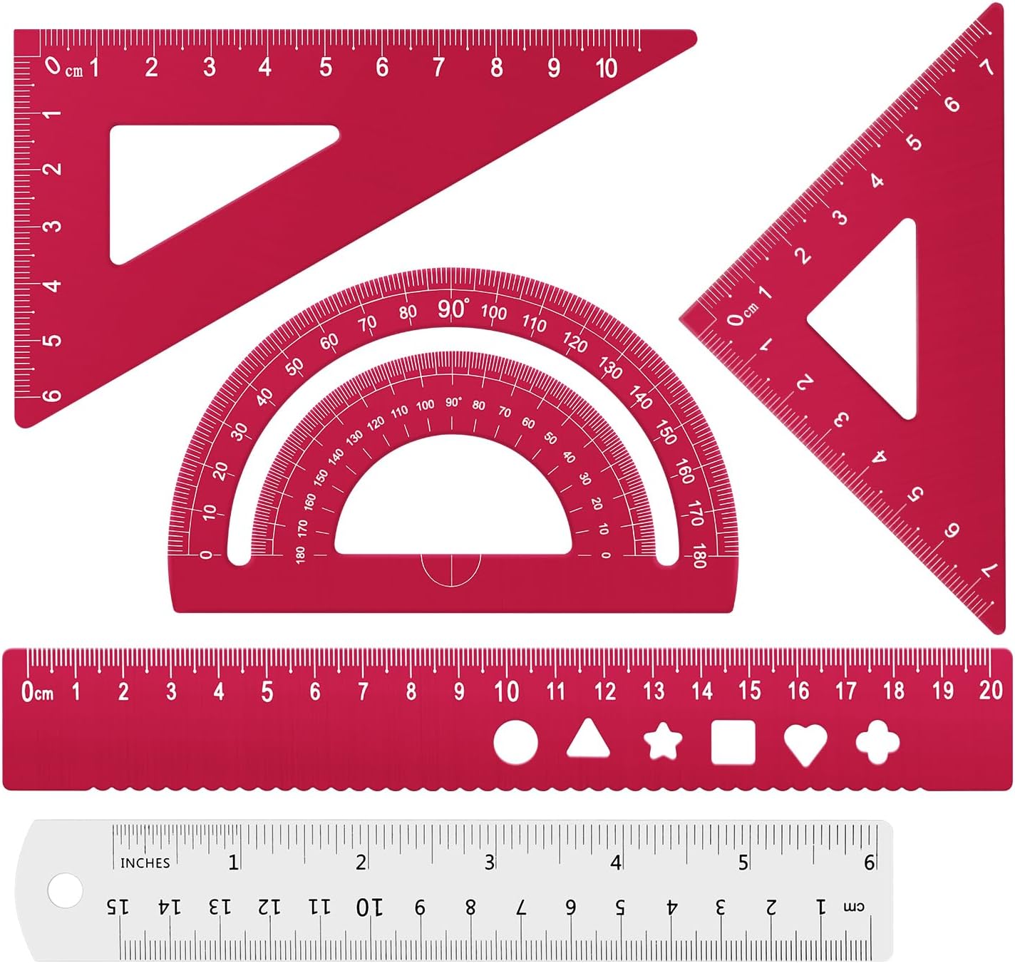 Honagu Triangular Ruler Set, 4+1Pieces Aluminum Alloy Ruler, Metal Drafting Ruler, Geometric Protractor for Students, School Office Supplies (Red, 20cm)