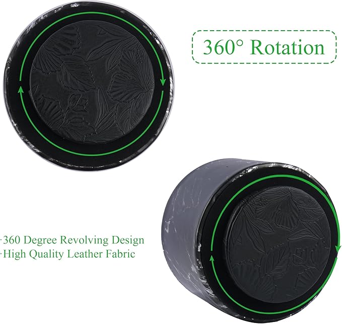 Round Leather Art Supply Organizer,Remote Control Holder,360-degree Rotating Pen Organizer with 4 Compartments(1-Marble Black Silver)