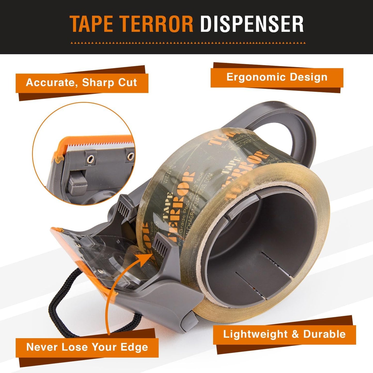 Packing Tape Dispenser - Heavy Duty Shipping Tape Dispenser for Boxes, Refillable, Fits Standard Bulk Tapes Up to 2" Wide - Razor-Sharp Cutting Packaging Tape Dispenser (1-Count)