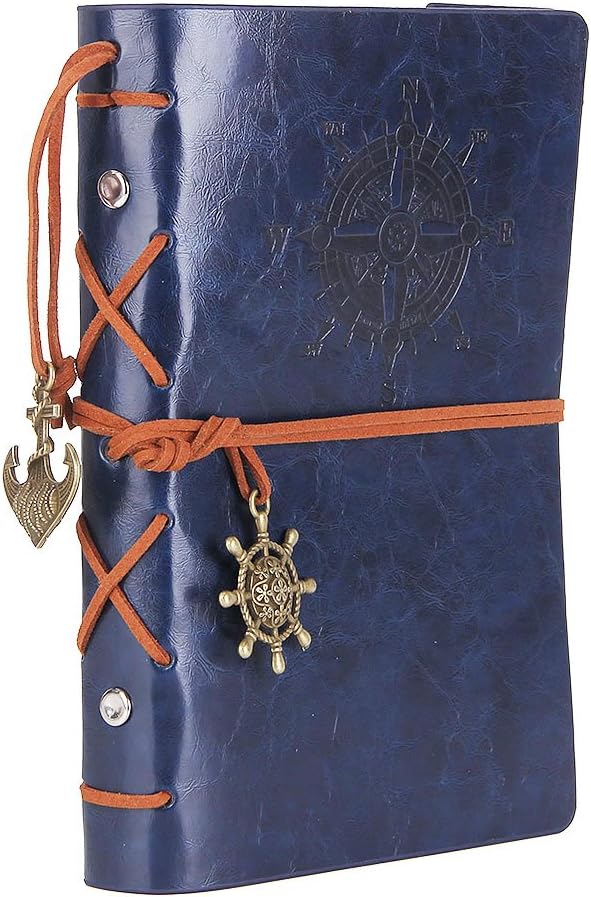 EvZ Leather Writing Journal Notebook, 7 Inches Vintage Nautical Spiral Blank String Diary Notepad Sketchbook Travel to Write in, Unlined Paper, Retro Pendants, Classic Embossed, Dark Blue