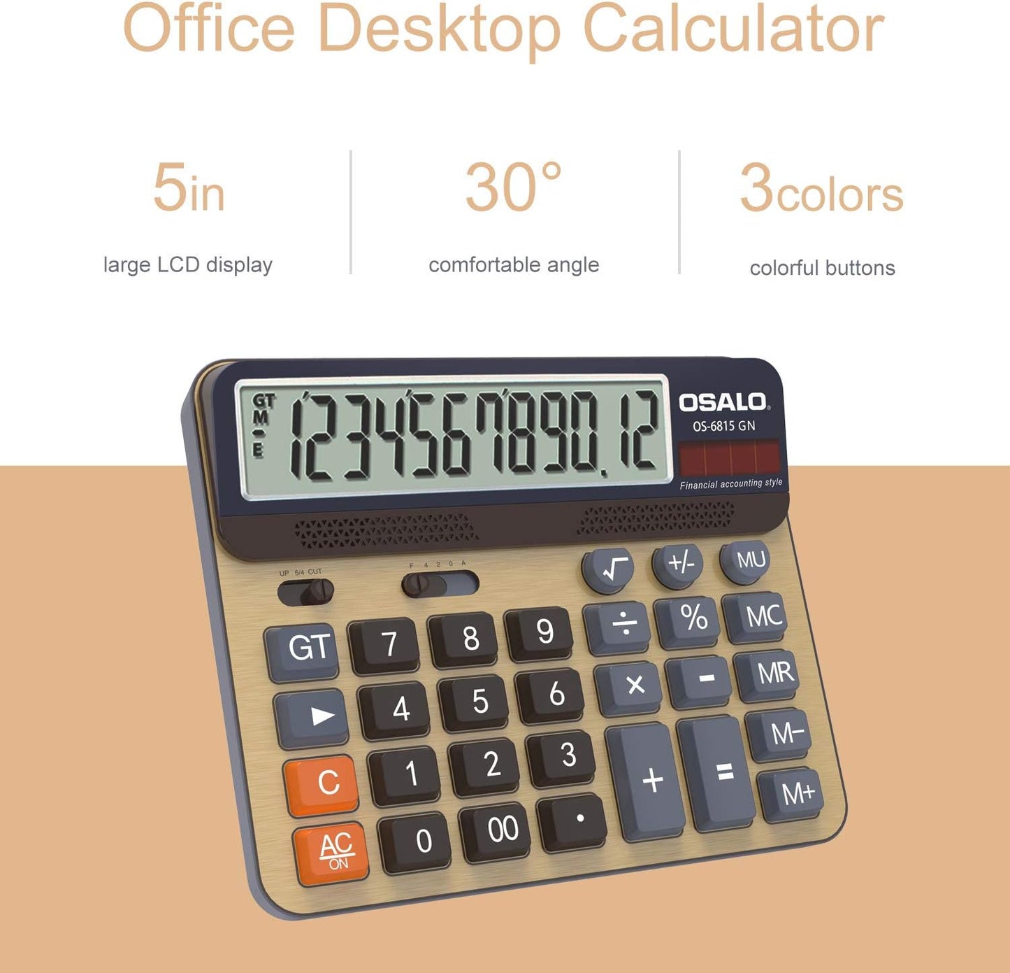 Desktop Calculator Extra Large 5-Inch LCD Display 12-Digit Big Number Accounting Calculator with Giant Response Button, Battery & Solar Powered, Perfect for Office Business Home Daily Use(6815GN-2pcs)