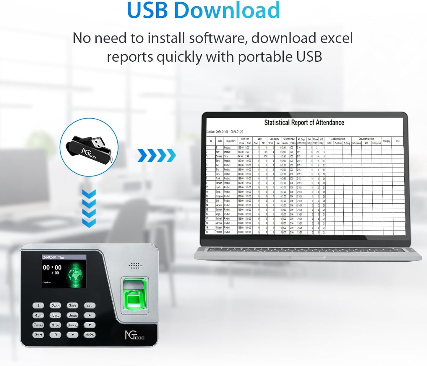 NGTeco Time Clocks for Employees Small Business, AS10 (Fingerprint+PIN) Times Clock, Standalone Clock in Clock Out Machine Supporting Shift Schedules, No Need WiFi & Software, No Monthly Fee