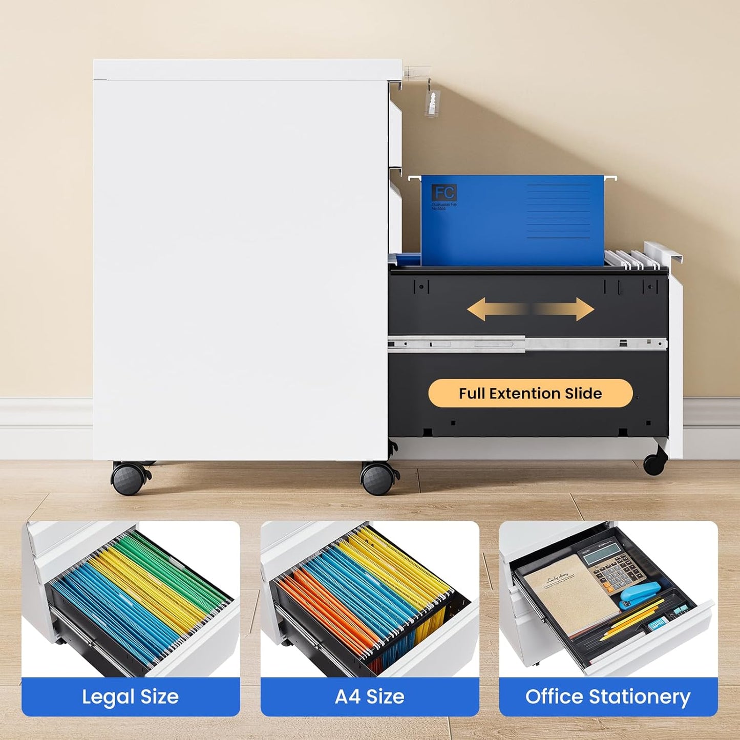 MIIIKO White Filing Cabinet 3 Drawers on Wheels Under Desk, Metal Rolling File Cabinet with Lock for Home Office, Small Mobile File Cabinet for Letter Legal File Folders, Un-Assembled