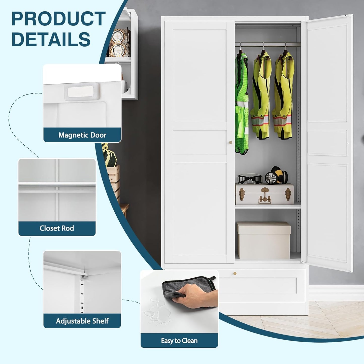 MIIIKO Wardrobe Closet with Drawer, 2 Doors Clothes Cabinet, 72" Metal Storage Cabinets with Hanging Rod, Bedroom Armoires Laundry Room and Office Clothes Storage Organizer Cabinets