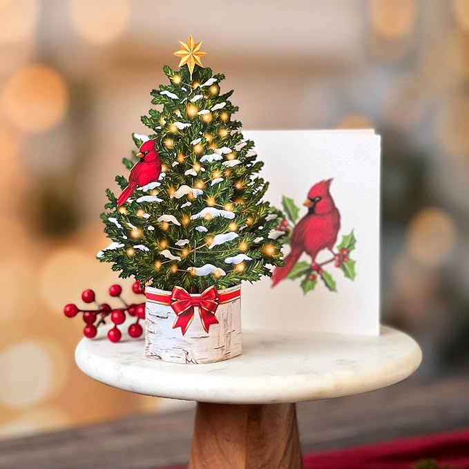 Freshcut Paper Pop Up Cards, Mini Merry Tree, 6 Inch Mini Sized Forever Flower Bouquet 3D Popup Greeting Cards, Christmas Card, Holiday Card, Blank Notecard & Envelope