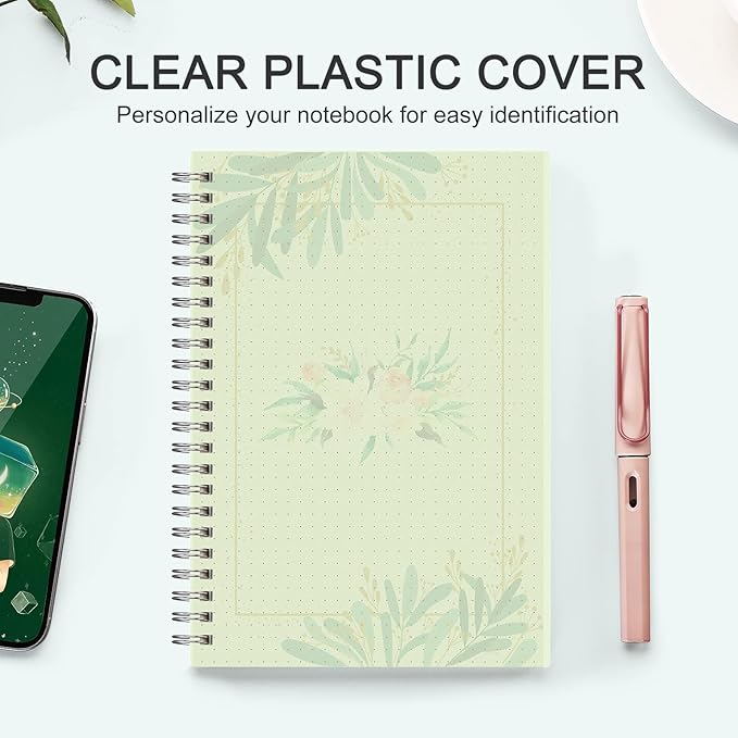 AHGXG Bullet Dotted Journal, 3 Pack Spiral Notebook A5, with 100GSM Thick Dot Grid Paper, Transparent Hardcover, Journal Stencils, 80 Sheets, 5.7" x 8.3", Yellow, Green, Blue