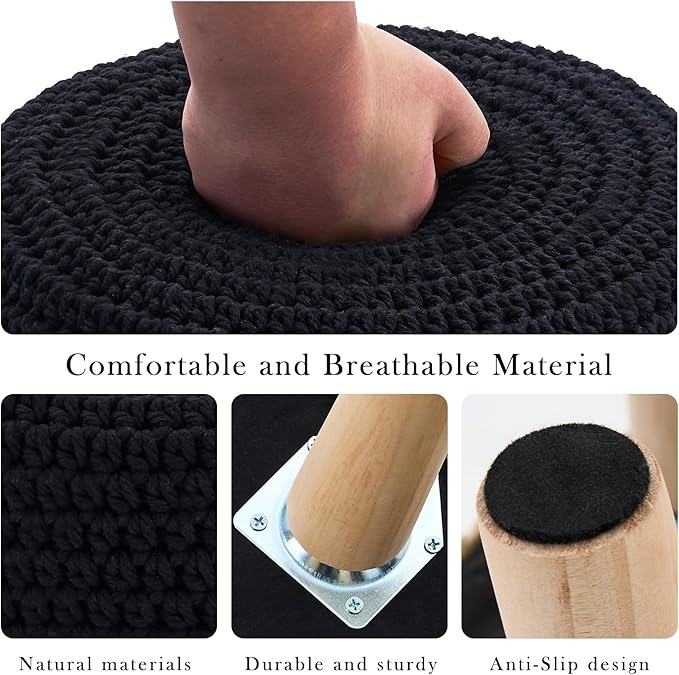 Boho Ottoman Foot Stool Cotton Knitted Round Pouf Ottoman Foot Rest Stool with Non-Skid Wooden Legs Step Stool Padded Seat for Living Room Black