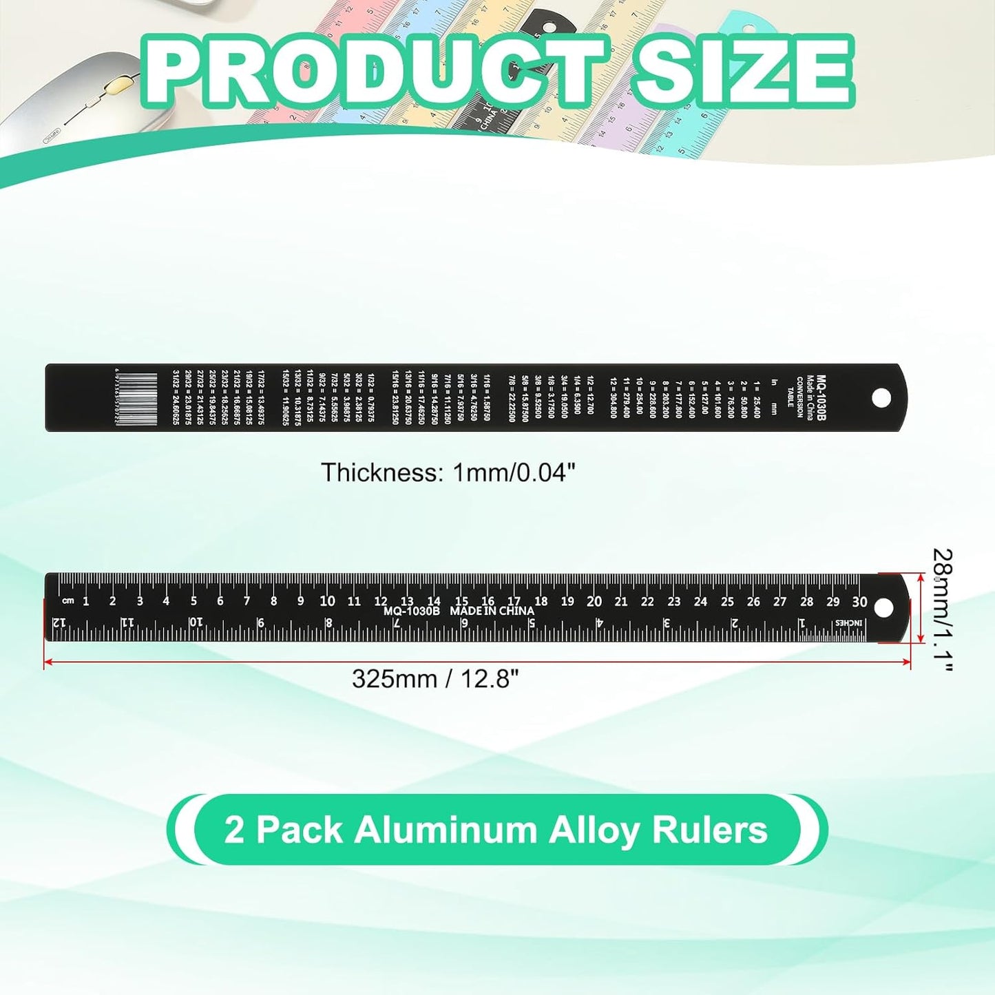 PATIKIL 30cm/12 Metal Ruler, 2 Pack Aluminum Alloy Rulers with Centimeters, Millimeters, Inches and Conversion Table Straight Edge Ruler for Writing Machinist Drafting, Black