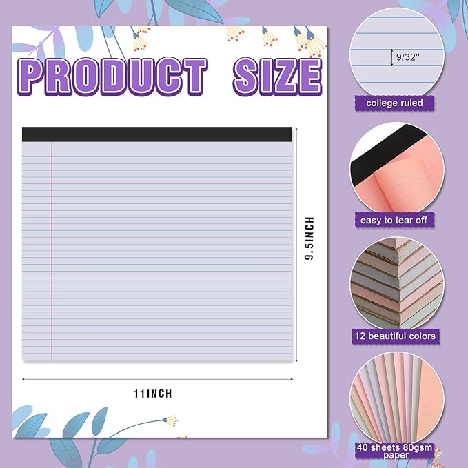 Lincia 12 Pcs 11" x 9.5" Legal Pads College Ruled Notepad Landscape Notebook Horizontal Lined Notebook 80 Gsm Assorted Colors Paper Pastel Writing Pads for School Office, 40 Sheet (Cute Color)