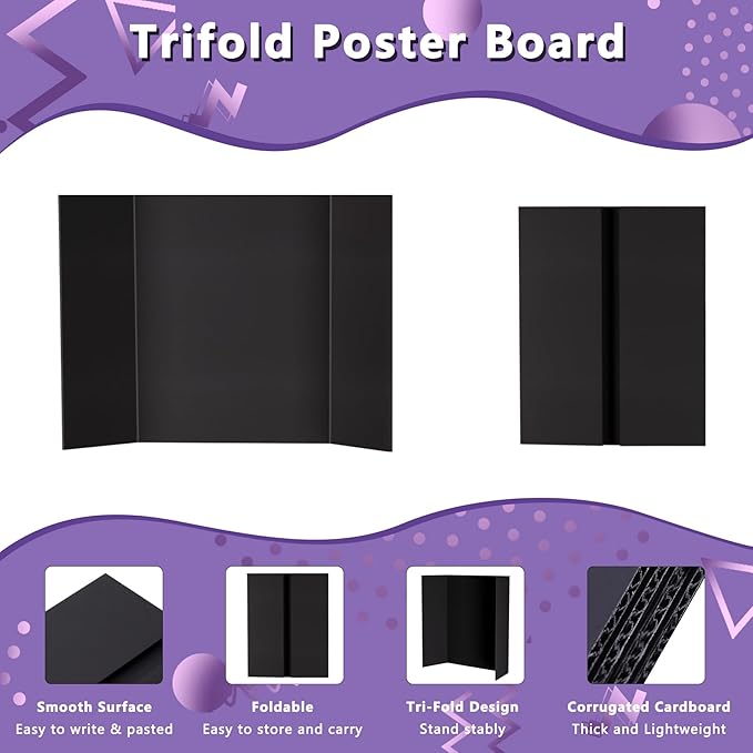 4 Pack Small Trifold Poster Board 21" x 14" Tri Fold Poster Boards Black Corrugated Cardboard Project Boards for Presentations, School Projects, Science Fair, Exhibition Event Display