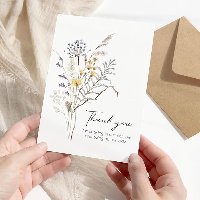 50 Pcs Funeral Thank You Cards with Envelopes Message Inside and Matching Stickers - Bulk 4×6 Watercolor Boho Wildflower Bereavement Thank You Cards for Funeral - Sympathy Thank You with Message Card