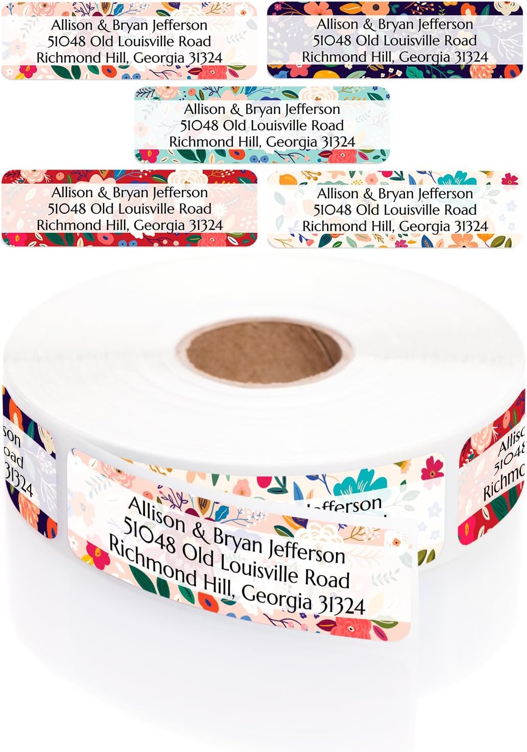 Multicolored Floral Print Rolled Address Labels / 250 Personalized Return Address Labels/Designer Address Stickers in Elegant Plastic Dispenser