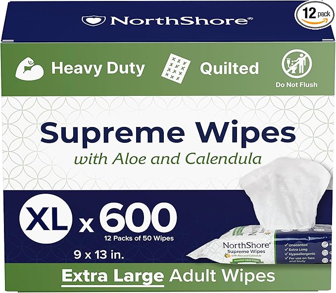 NorthShore Supreme Heavy-Duty Quilted Wipes, X-Large, 9 x 13 in., Case/600 (12/50s)