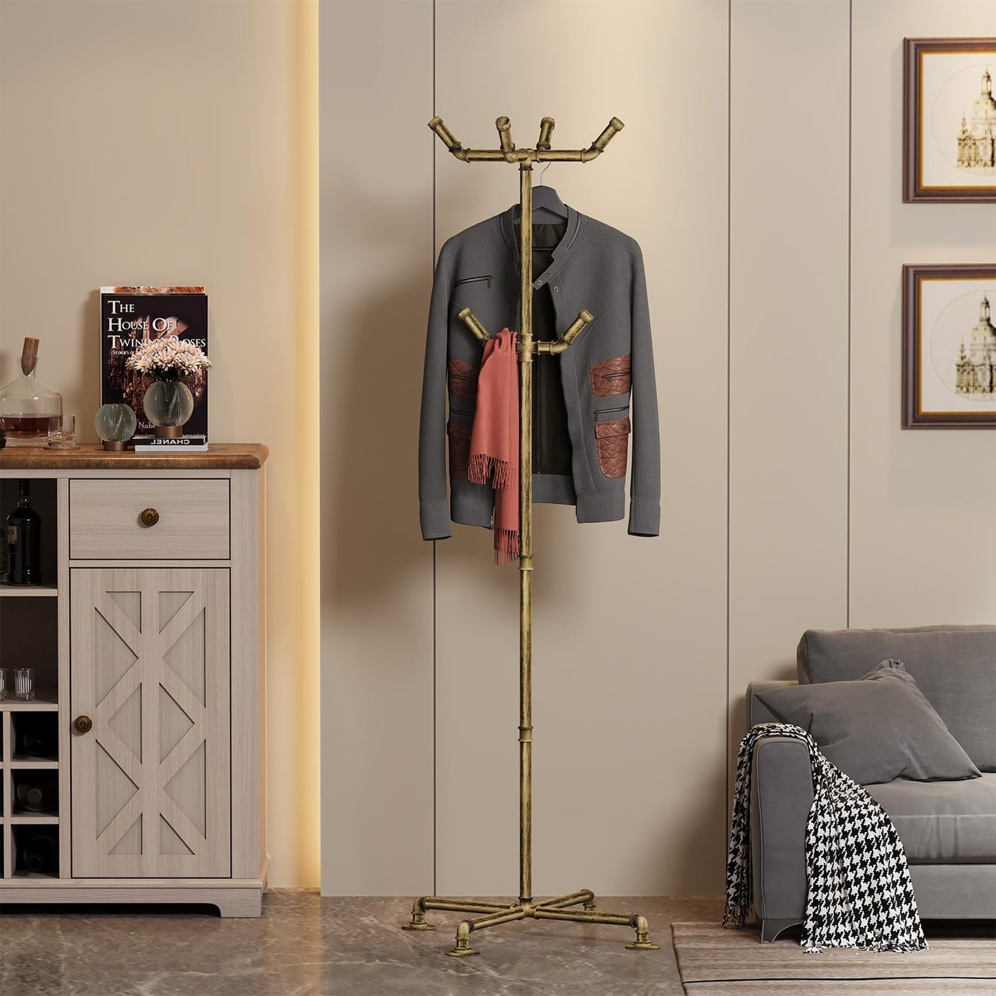 Industrial Coat Rack, Metal Pipe Coat Rack Stand Freestanding with 6 Hooks, Heavy Duty Coat Tree Sturdy Coat Racks for Entryway, Hallway, Bedroom (Vintage gold)