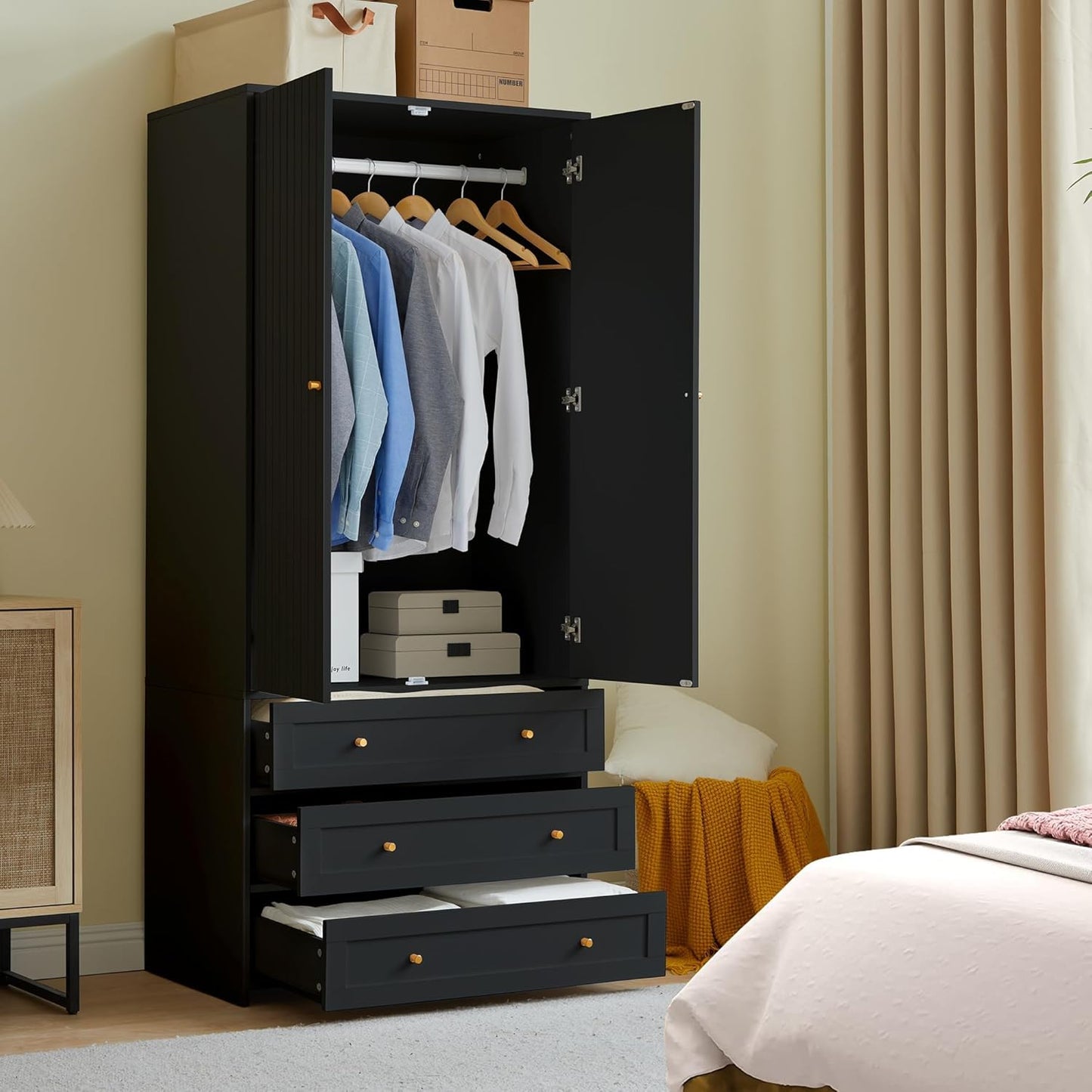 Wardrobe Closet Armoire, 71 "Wardrobe Armoire Wooden Closet with 4 Doors, 6 Drawers Household Freestanding Wooden Storage Cabinet for Bedroom