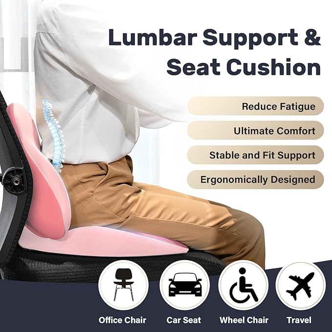 Coverado Seat Cushion and Lumbar Support Pillow for Car Office Chair, Ergonomic Memory Foam Desk Chair Cushion Back Support Pillow, Sciatica & Back & Tailbone Pain Relief Cushion-Pink