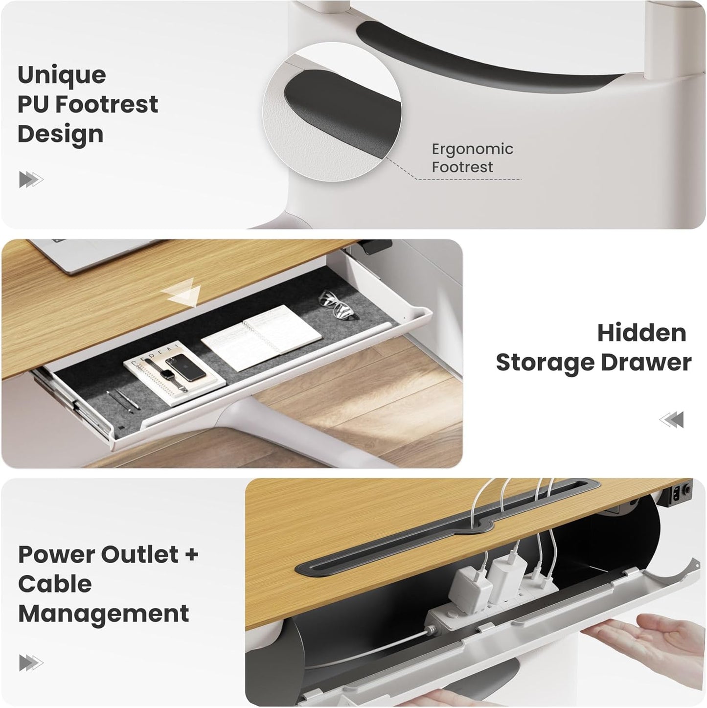 COLAMY Electric Adjustable Standing Desk – 48 x 28 Inch Sit Stand Desk with Drawer & Cable Management, Dual Motor Lift System, Ergonomic Footrest, Home Office Table (Veneer Desktop, Oak + White)