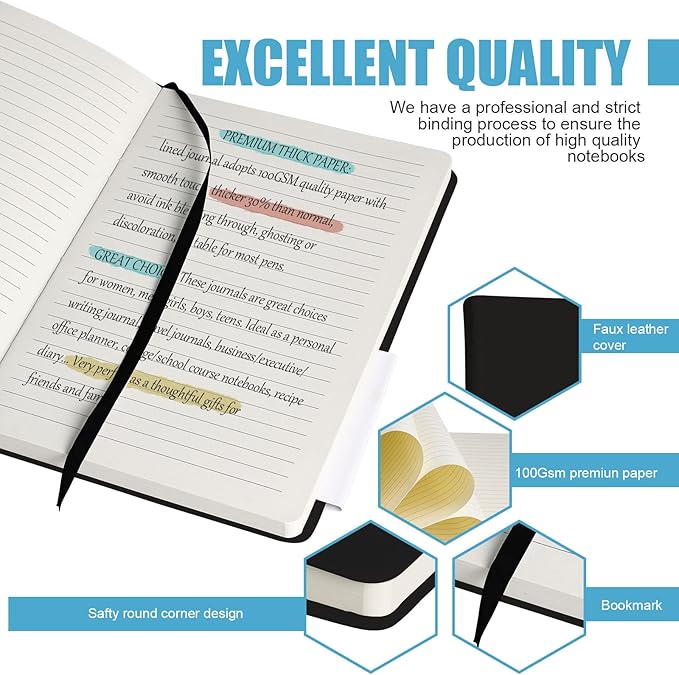 Lined Journal Notebook, (Black), 160 Pages, Medium 5.7 inches x 8 inches - 100 gsm Thick Paper, Hardcover