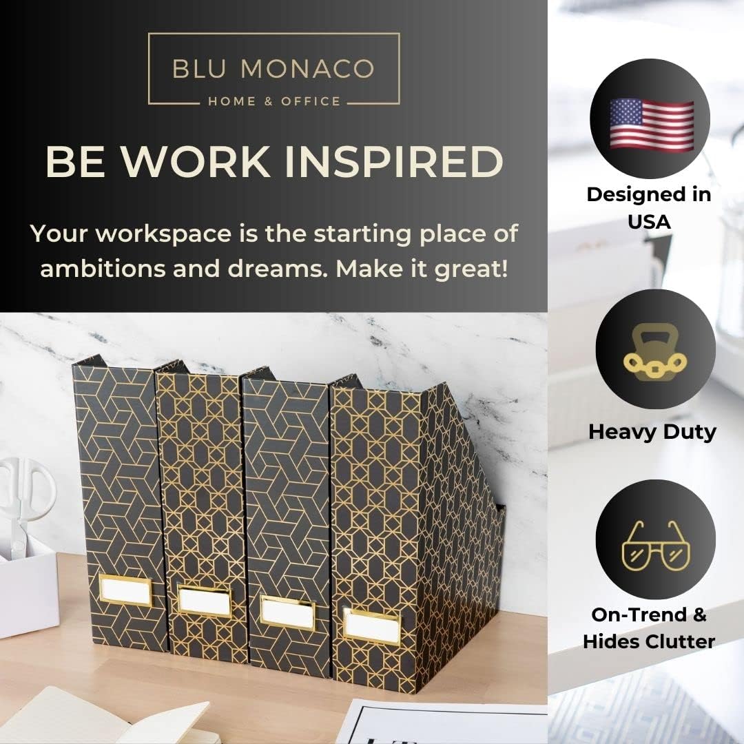 BLU MONACO Set of 4 Stylish Black & Gold Geometric Magazine File Holders with Gold Label Holders – Desk or Bookshelf Storage for Home, Office, Classroom Organization and Décor