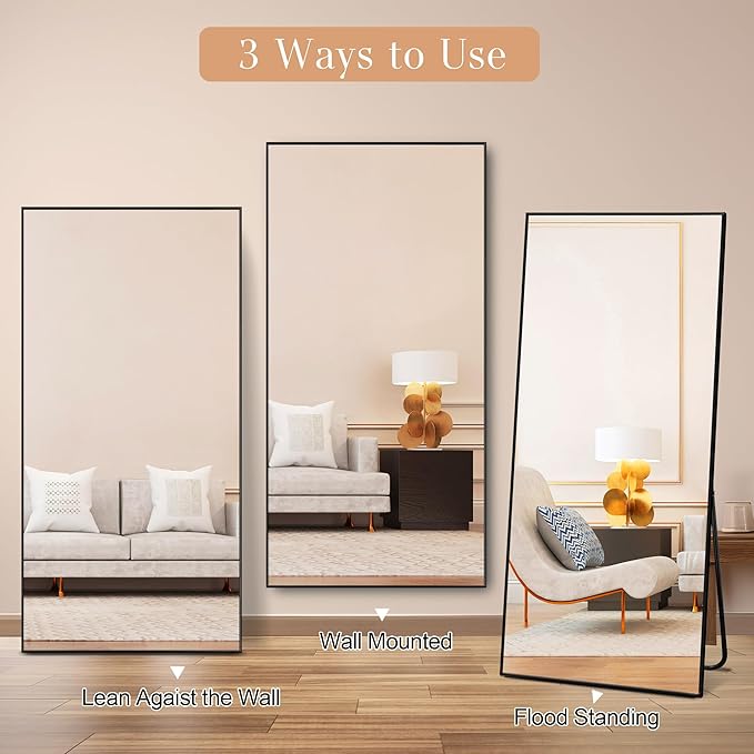 Large Size Full Length Mirror with Stand, 71"x32" Free-Standing Leaning Wall-Mounted Mirrors, Elegant Body Mirror for Living Room, Bedroom & Cloakroom, Black
