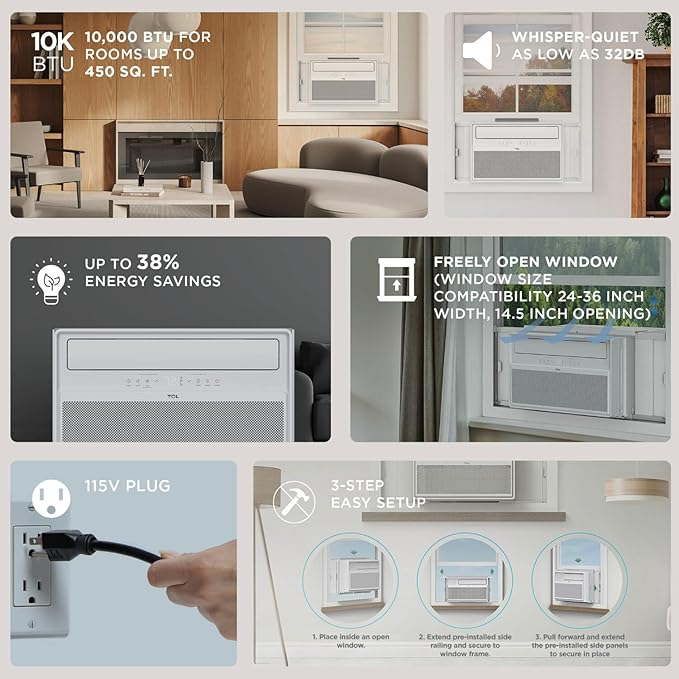 TCL 10,000 BTU Q-Series Smart Inverter Window AC, Ultra-Quiet 32dB Fan & 40dB Cooling, 38% Energy Saving, 3-Step Install, Open-able Window, Works with Smart Home Devices, Cools up to 450 Sq. Ft.