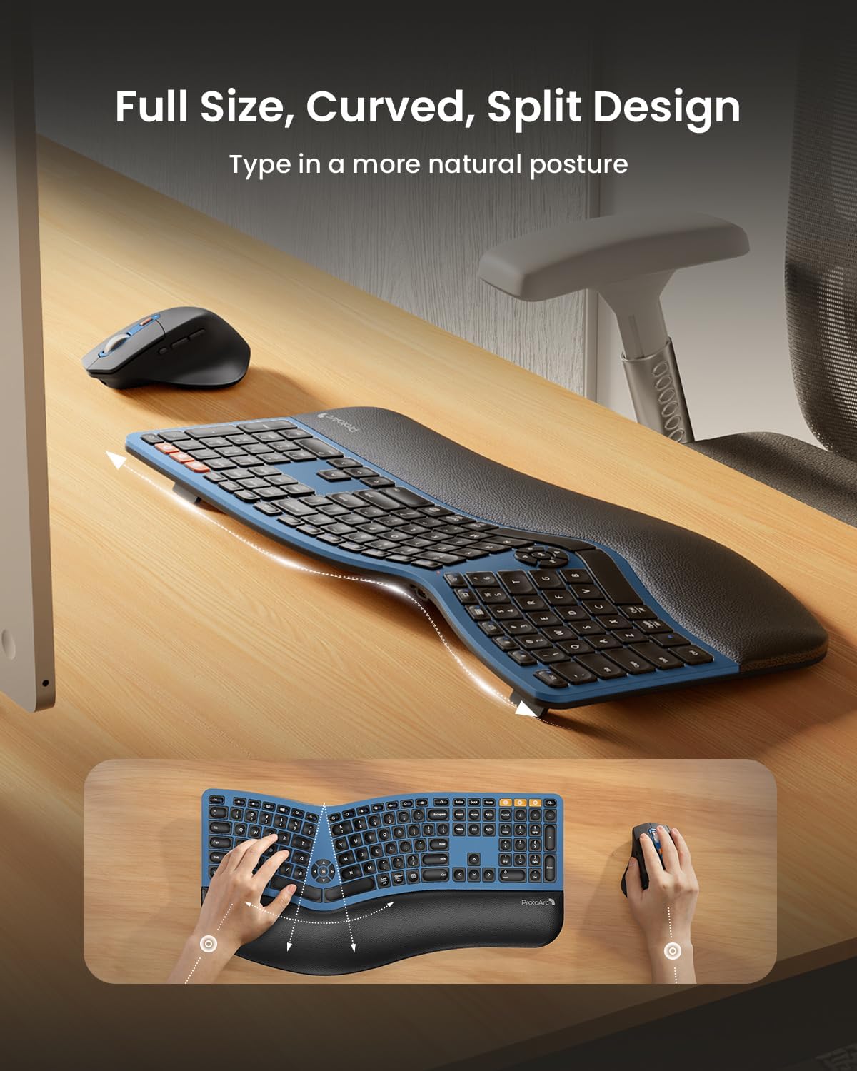 ProtoArc Ergonomic Wireless Keyboard Mouse, EKM01 Plus Full Size Ergo Bluetooth Keyboard Mouse Combo, Split Design, Wrist Rest, Multi-Device, Rechargeable, for Windows/Mac OS - Blue