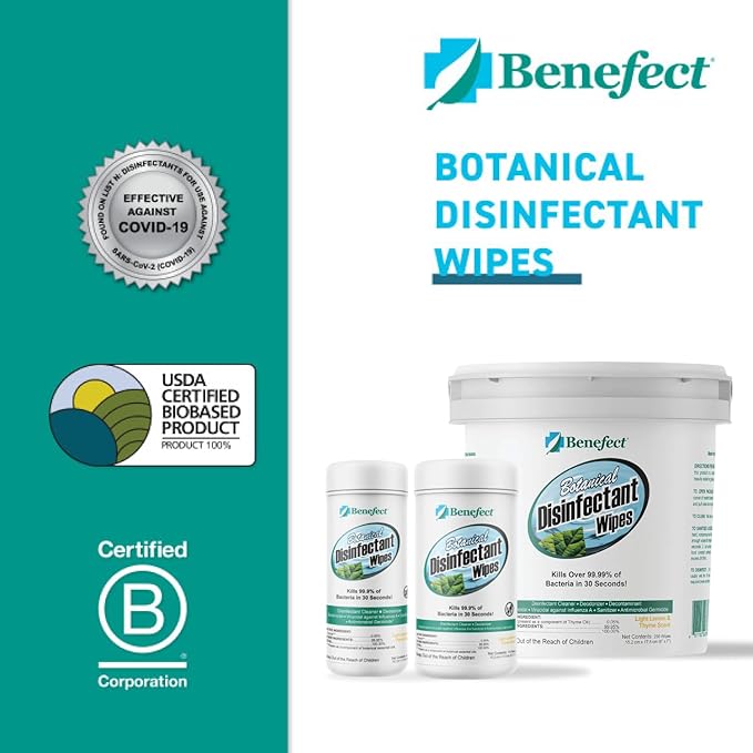 Benefect Botanical Disinfectant Wipes – 750 Sanitizing Wipes. 3 Pack of 250 Wipes Per Unit - High Traffic - Gym Wipes, Schools and Food Safe Cleaning (250, 3)