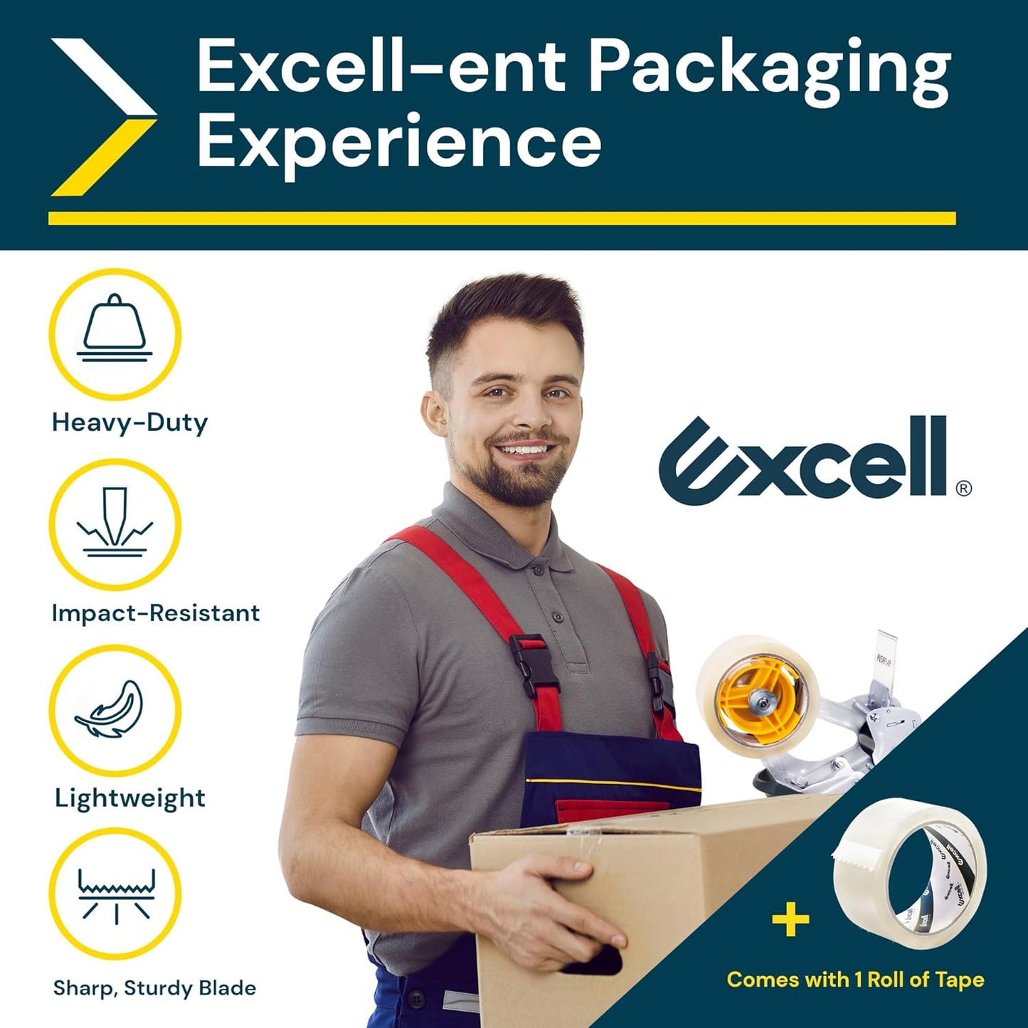 Excell Anti-Backflow Metal Packaging Tape Dispenser (2" Wide) with 2 Roll Tapes: Ideal for Packaging, Transportation, Moving, and Box Sealing. Includes Tape Gun and Two Tapes