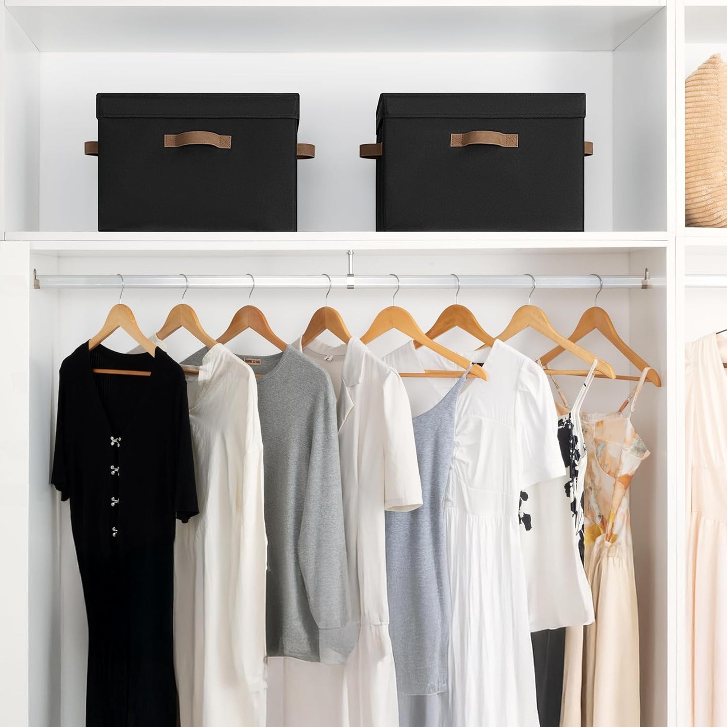 StorageWorks Fabric Storage Bins with Lid, Decorative Storage Boxes for Shelves, Stackable Closet Organizer Basket with Handles, Jumbo, Black, 2-Pack