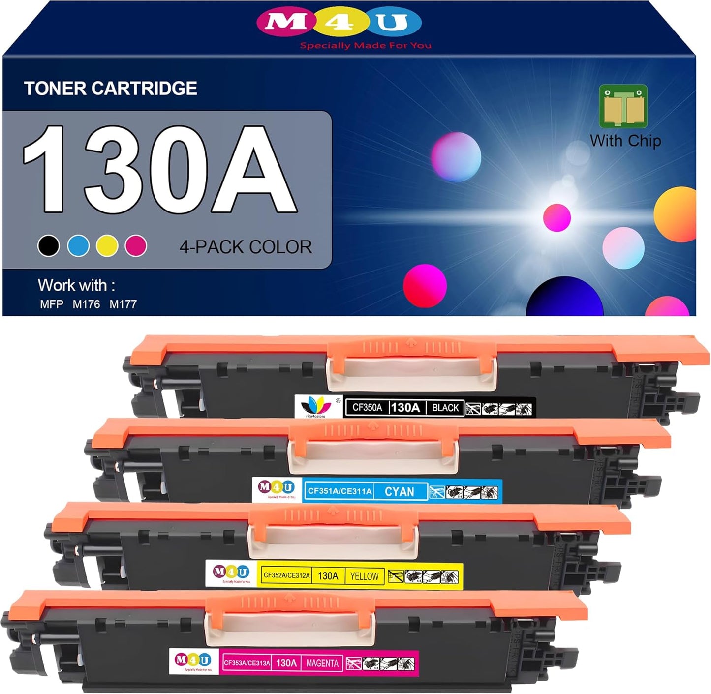 130A Toner Cartridge 4 Pack(with Chip) Remanufactured Compatible for 130A Toner Cartridge CF350A CF351A CF352A CF353A for Pro Color MFP M177fw M176n M177 M176 Printer(Black, Cyan, Magenta, Yellow)