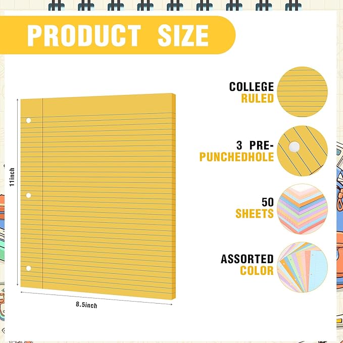 PerKoop 600 Sheets Colored Loose Leaf Paper 8.5" x 11" college ruled Lined 3 Hole Punched notebook Filler Paper for 3 Ring Binders Office School Supplies (Many Color)