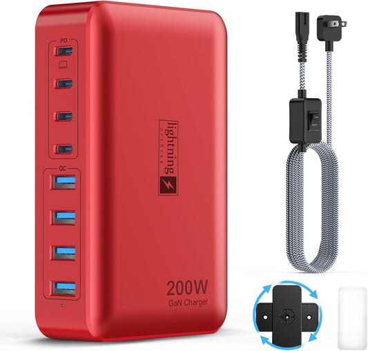 8-Port USB Charger Block 200W with Flat Plug, Braided Power Cord, and On/Off Switch- USB Charging Hub for iPhone, iPad, MacBook and More- 65W C Port Power Adapter for Laptops