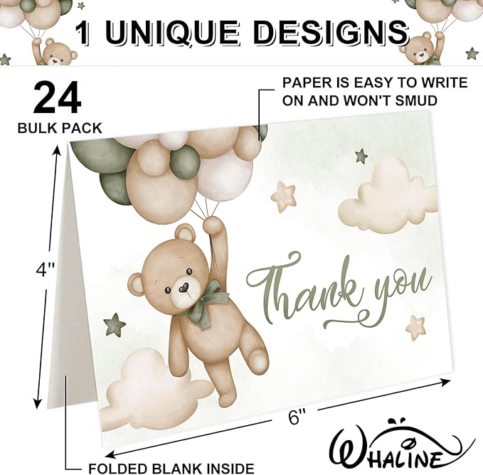 Whaline 24 Pack Bear Thank You Cards Green Bear Balloon Greeting Cards with Envelopes Stickers Cute Cartoon Blank Note Cards for Party Invitation Supplies, 4 x 6 Inch