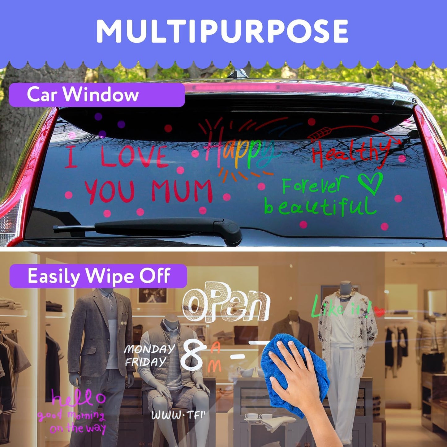 TFIVE Pink Liquid Chalk Markers - 2 Pack Bright Colors Erasable Chalk Marker Pens, Reversible Tip, Non-Toxic, for Chalkboards, Signs, Glass, Easy to use Chalk markers TF800