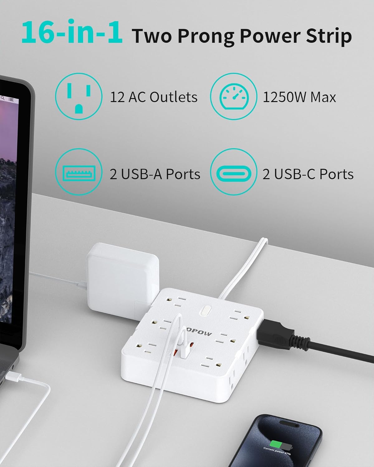 2 Prong Power Strip, 2 Prong to 3 Prong Outlet Adapter with 12 AC & 4 USB(2 USB-C), 1700J Two Prong Surge Protector, 5FT Extension Cord, Wall Mountable, Ideal for Old House Non-Grounded Outlets