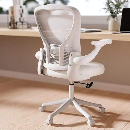 GYI Computer Desk Chair, Ergonomic Office Desk Chairs with Mesh Back, Adjustable Lumbar Support, Height, 3D Flip-up Arms, Wheels, Rocking Function (All White)