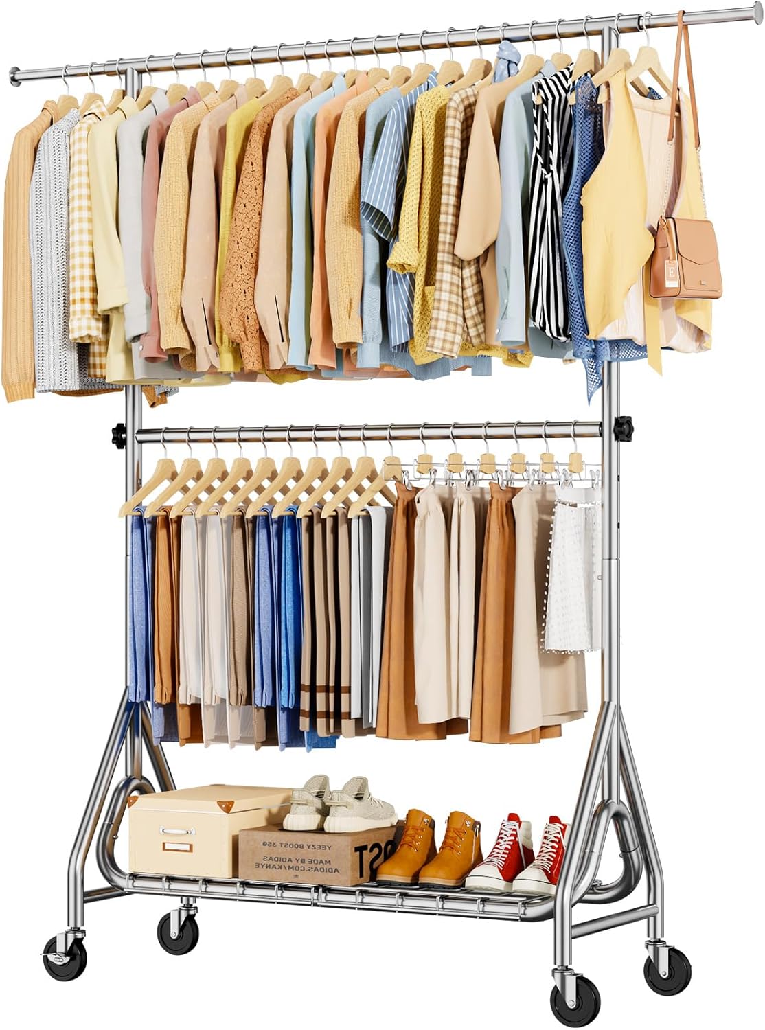 Double Rods Clothing Rack, Heavy Duty Clothes Rack for Hanging Clothes Load 560LBS, Metal Rolling Garment Racks with Wheels, Freestanding Clothes Hanging Racks, Silver