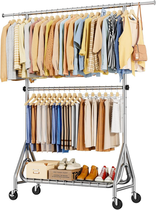 Double Rods Clothing Rack, Heavy Duty Clothes Rack for Hanging Clothes Load 560LBS, Metal Rolling Garment Racks with Wheels, Freestanding Clothes Hanging Racks, Silver