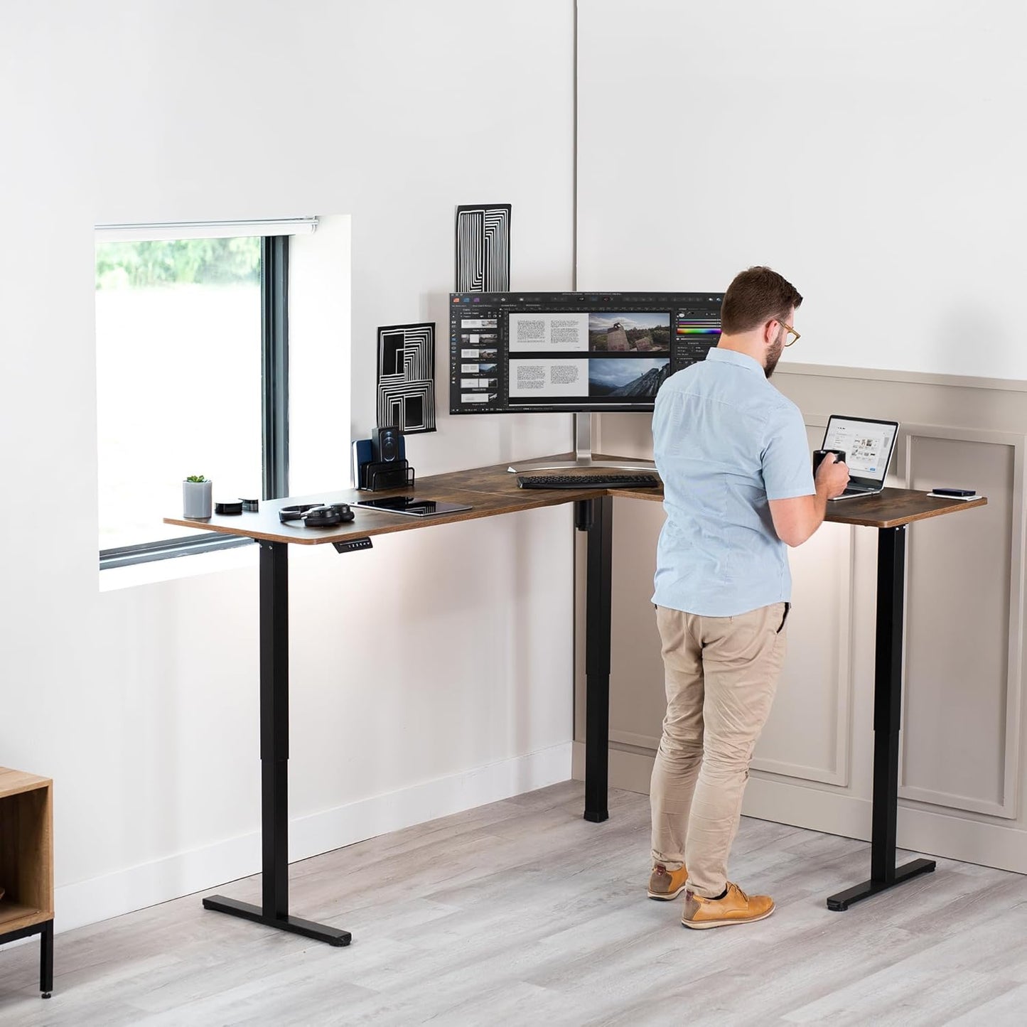 VIVO Electric Corner L-Shaped 75 x 63 in Rustic Standing Desk, Memory Height Adjustment, Vintage Brown Top Black Frame, DESK-E3CTN-75