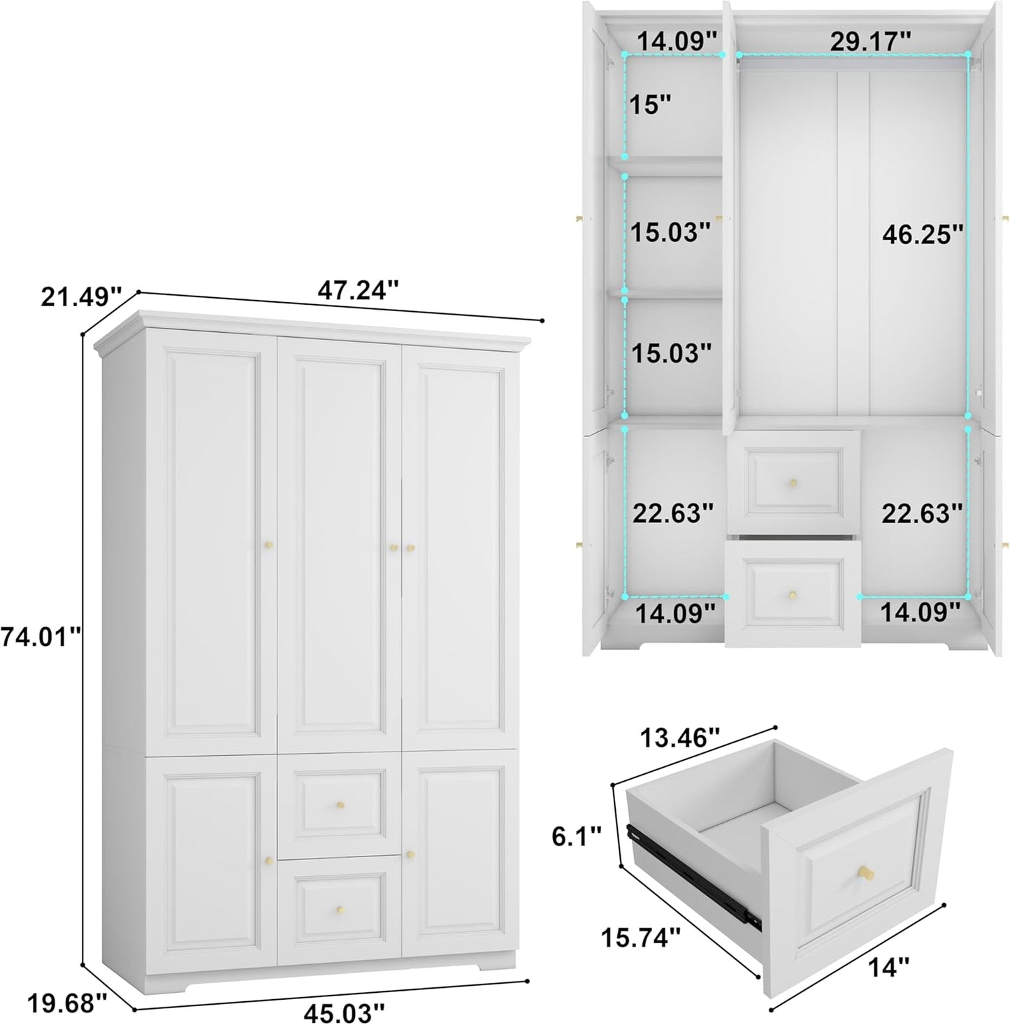 White Armoire Wardrobe Closet with Drawers: Wardrobe Closet for Hanging Clothes, Modern Bedroom Armoires with Hanging Rod, Wardrobes Closets with Doors and Shelves (White, 47")