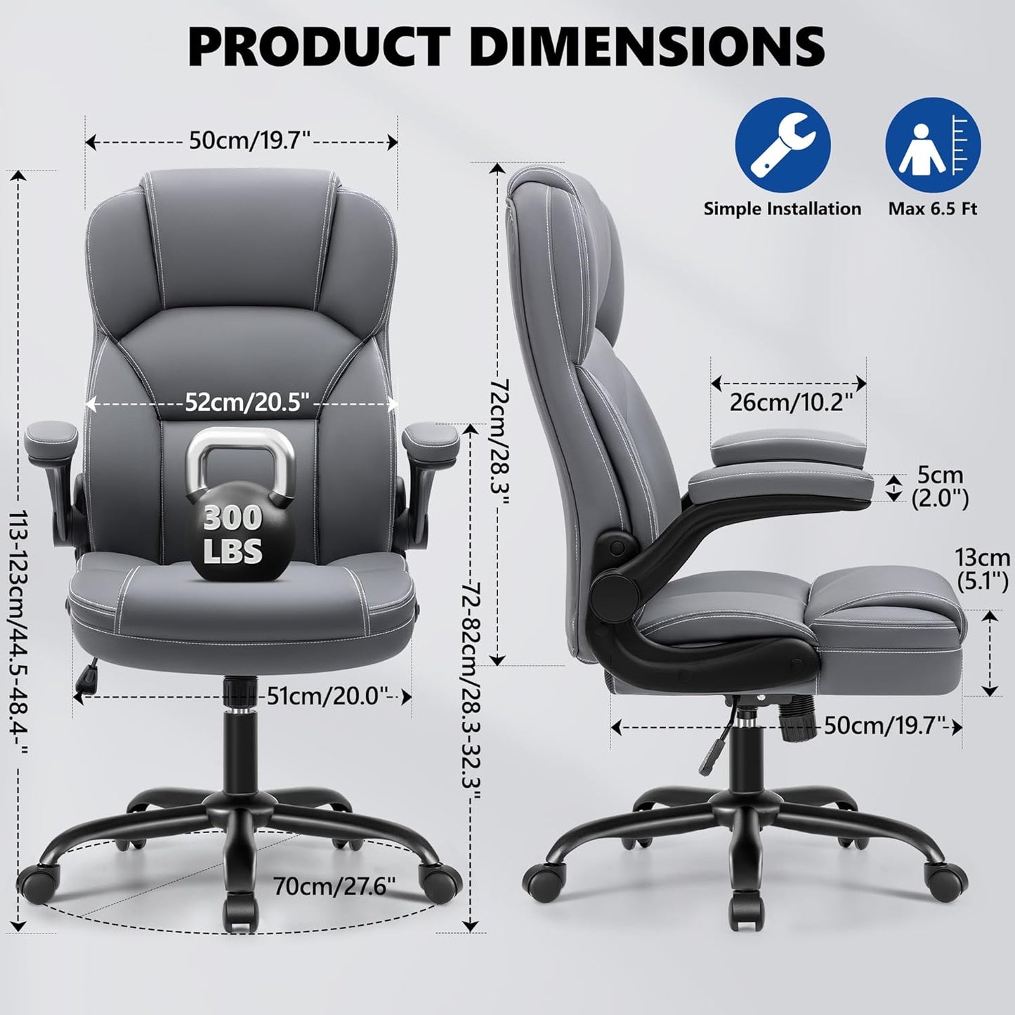 PU Leather Executive Office Chair, Ergonomic High-Back Computer & Gaming Chair with Adjustable Height, Rolling Swivel & Flip-Up Armrests, Comfy Padded Seat for Home Office-Gray