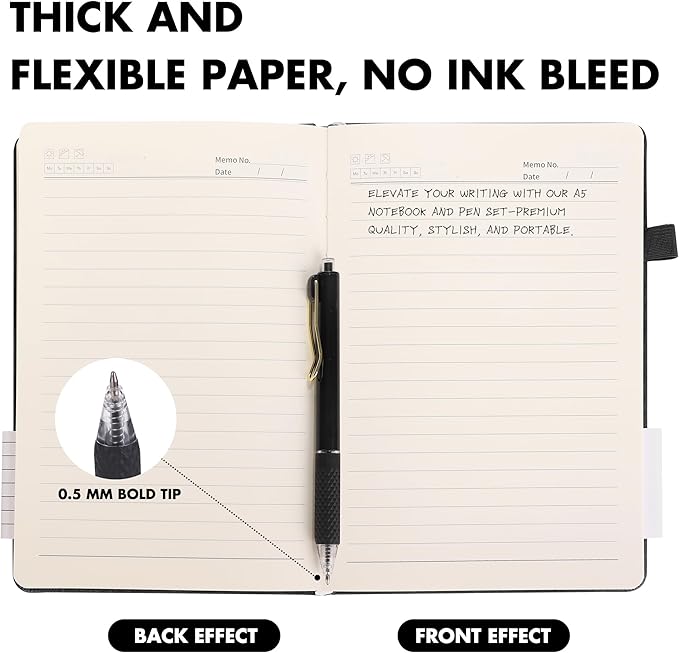 Aodaer 12 Set Lined Notebook Journals with Pens A5 Notebooks 100 GSM College Ruled Hardcover Notebook PU Leather Notepad with Pen Holder for Office School, 5.7 x 8.3 Inches, Black