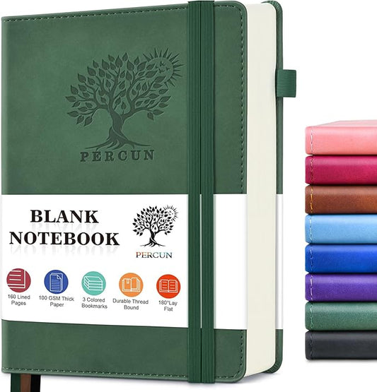 PERCUN Blank Journal Ntebook for Men & Women, 160 Pages Blank Journals for Writing, Drawing,Sketch Book,5.9" x 8.5" Leather Sketchbook, Unlined Notebook for Work, School, Art - Green