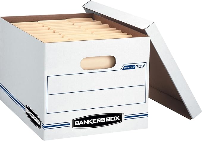 Bankers Box 4 Pack STOR/FILE Basic Duty File Storage Boxes, Standard Assembly, Lift-off Lid, Letter/Legal, White/Blue
