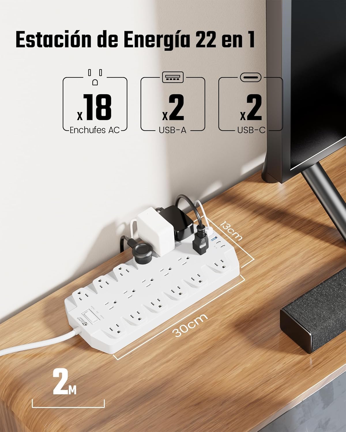 Power Strip Surge Protector, SUPERDANNY 18 Outlets with 2 USB C + 2 USB A Ports, 1875W/15A, 2100J, 6.5FT Flat Plug Heavy Duty Extension Cord with Multiple Outlets for Home, Office, Dorm, White