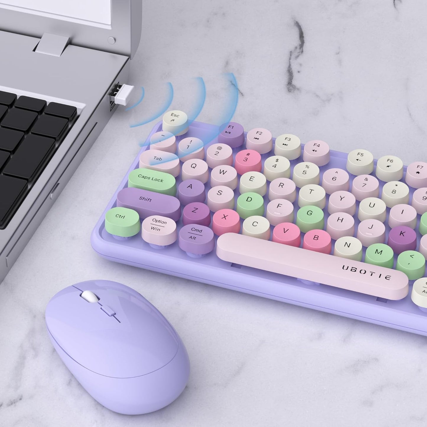 UBOTIE Colorful Computer Wireless Keyboard Mouse Combos, Typewriter Flexible Keys Office Full-Sized Keyboard, 2.4GHz Dropout-Free Connection and Optical Mouse (Purple-Colorful)