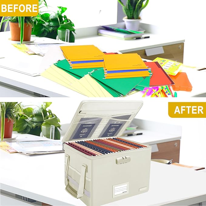 ENGPOW File Box with Lock, Fireproof Document Box with Zipper Lid,Collapsible File Storage Organizer Box Filing Box with Handle,Portable Home Office Safe Box for Hanging Letter/Legal Folder,Beige