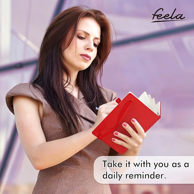 feela 5 Pack Journal Notebook Bulk for School, Hardcover Business Notebooks Classic Ruled Lined Journals with Pen Holder for Work Note Taking, with 5 Black Pens, 120 GSM, 5.1”x8.3”, A5, Red