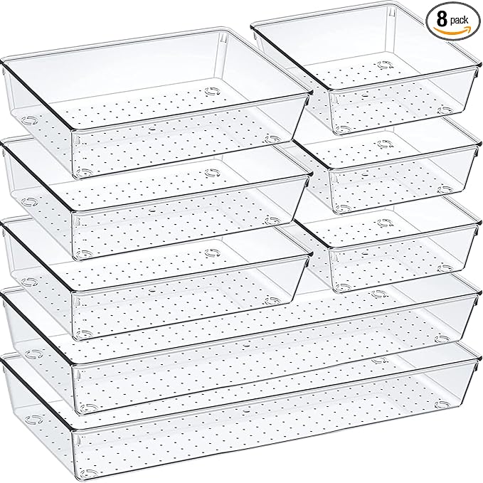Criusia Drawer Organizer Set, Acrylic Non Slip Non Cracking Kitchen Drawer Storage Tray Large Size Divider, Multifunctional Storage for Cosmetics, Bathroom, Tools, Kitchen and Office (8 PACK)